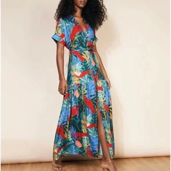 Hutch Rigby Tropical Floral Tie Waist Button Front Maxi Shirt Dress, size S - Picture 1 of 16